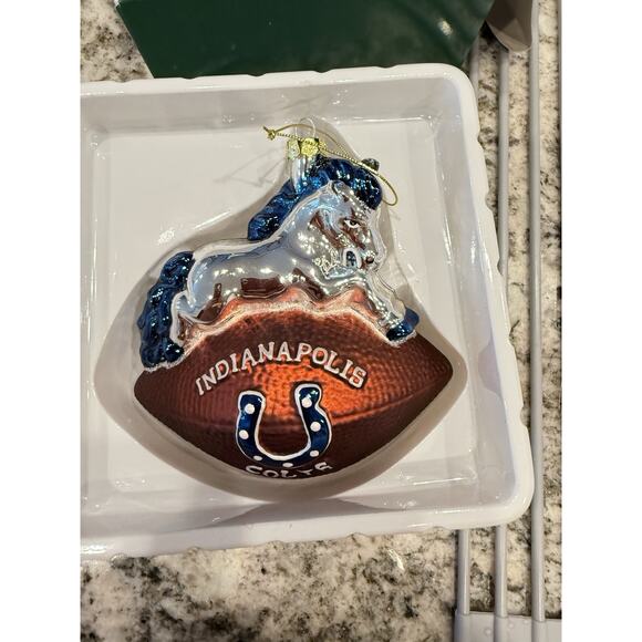 NFL Indianapolis Colts Hand painted Blown Glass Mascot w/Football Ornament NIB - Picture 2 of 6